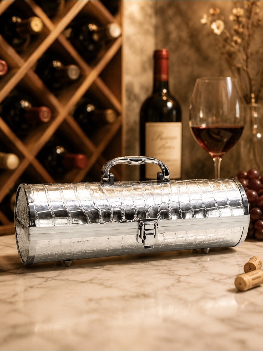 Gala Silver Crocodile-Embossed Wine Purse